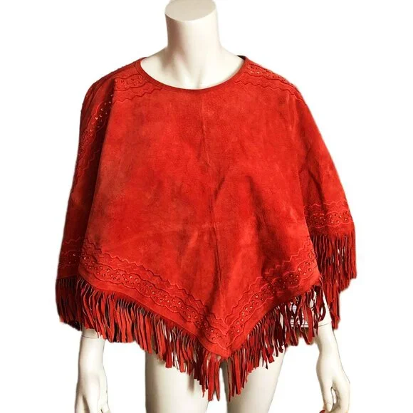 Western Boho Suede Leather Fringe Poncho Cape Rust Terracotta Newport News SM - Picture 2 of 13